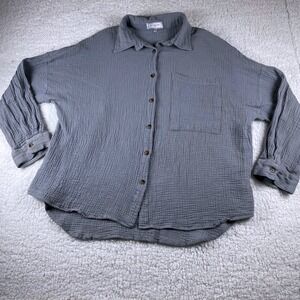 Siliteelon Women's XXL Double Gauze Cotton Button Down Shirt Blue Grey